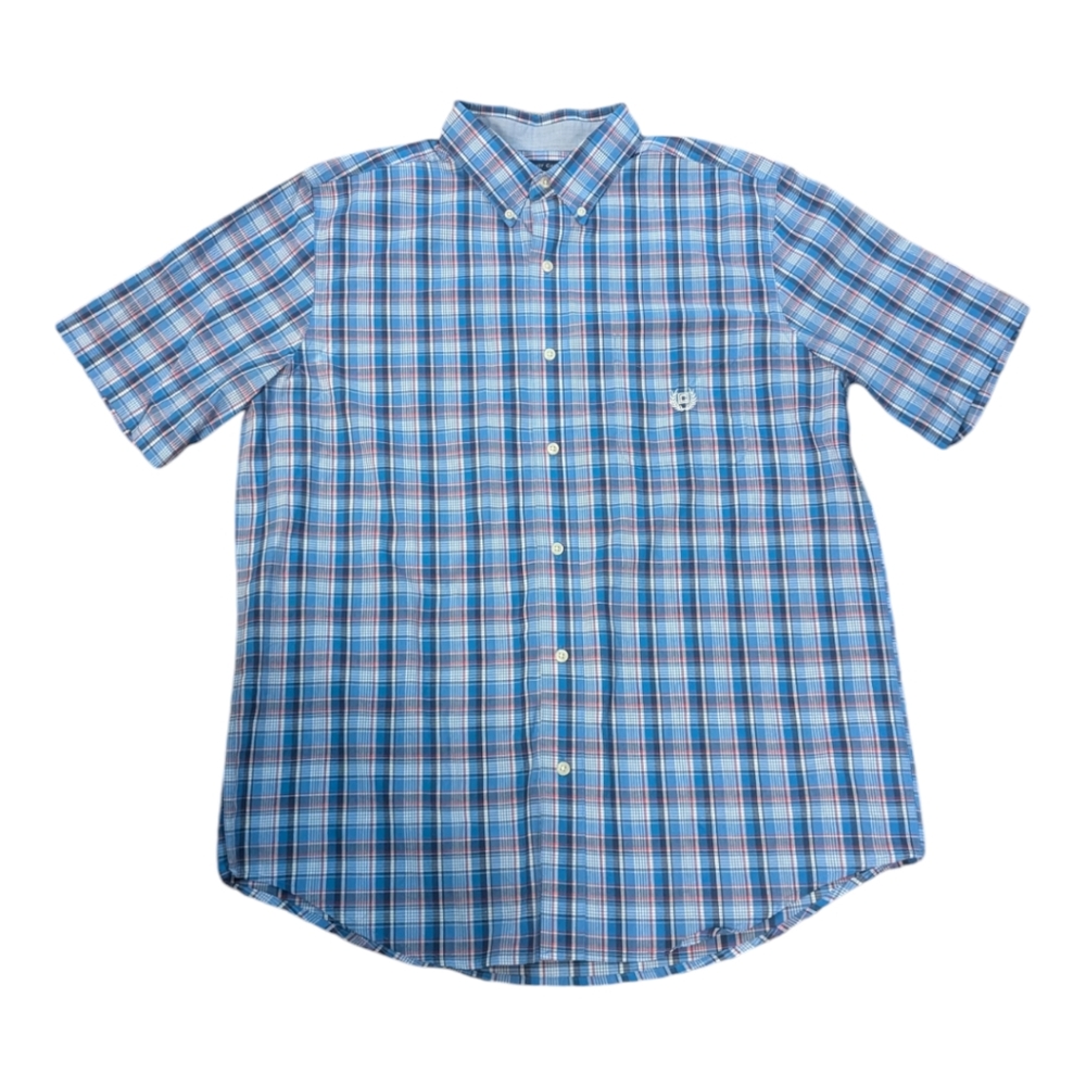 CHAPS Easy Care Blue Plaid Button Collar Shirt Sleeve Shirt. Men's Large